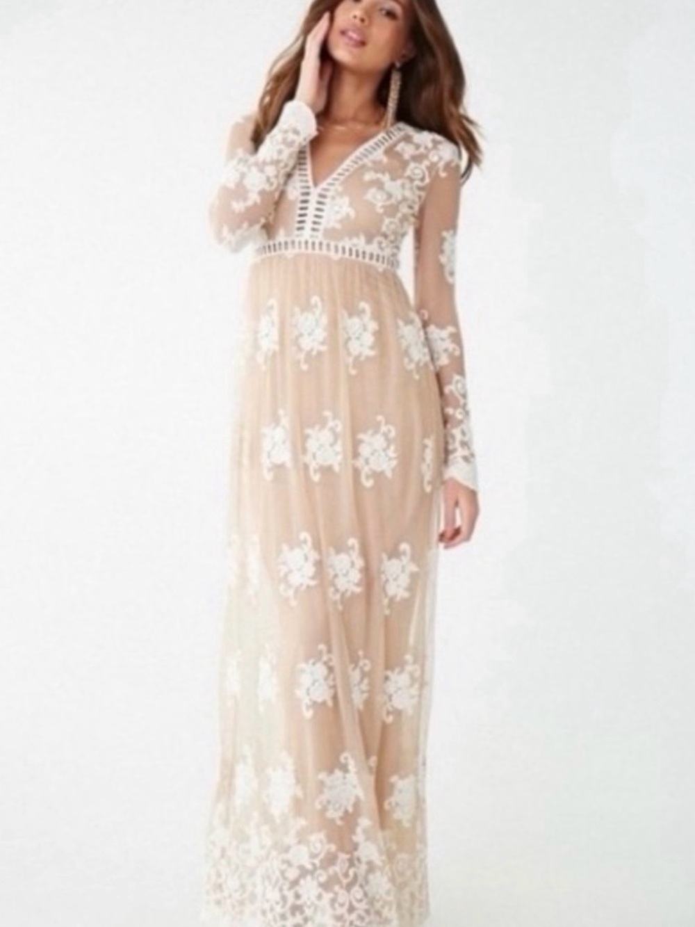 Forever 21 Nude Maxi Dress with White Lace Embroidery